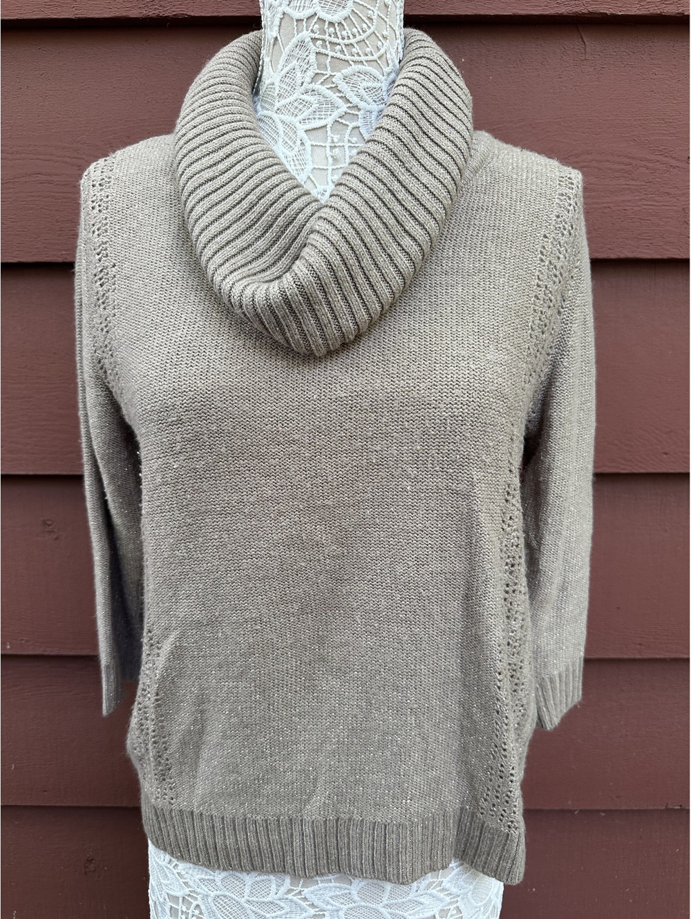 New York & Company Taupe Cowl Neck Sweater with Metallic Thread Detail